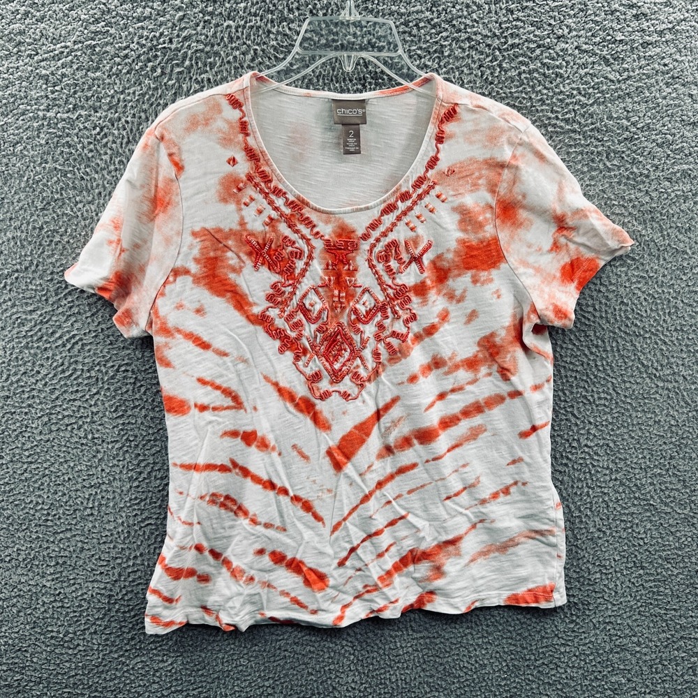 Chicos Women Tie Dye Boho Top L Embroidered Everyday Artsy Indie Everyday Resort